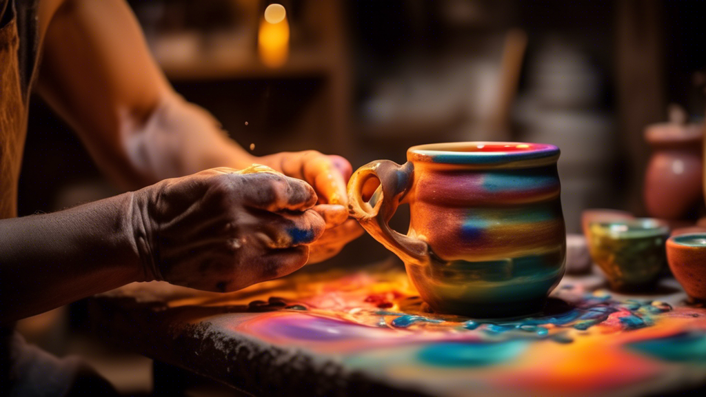 An artist's hands gently molding a unique ceramic coffee mug on a pottery wheel, surrounded by a cozy studio filled with colorful, hand-painted tea mugs, soft lighting illuminating the warm atmosphere.