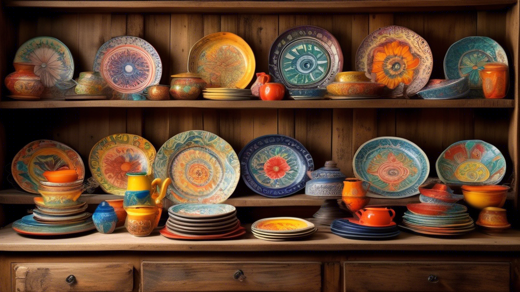 A colorful array of intricately painted ceramic plates discovered on an antique wooden table, with a soft light highlighting their unique patterns and designs, set against the backdrop of a quaint, rustic kitchen.