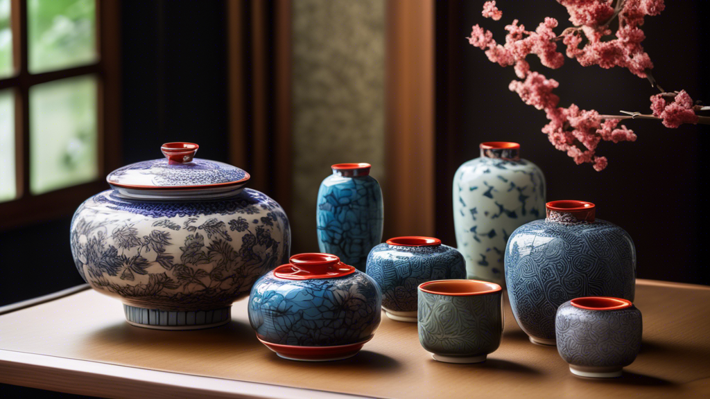 An elegant display of intricate Chase Japan ceramic pieces in a vibrant traditional Japanese setting with artisans crafting delicate designs in the background.