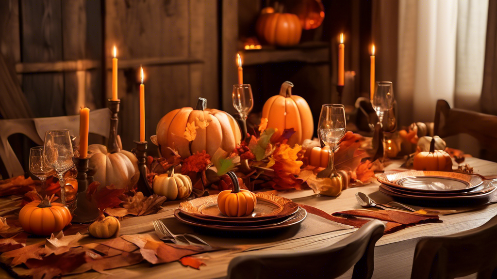 An elegantly set dinner table with autumn-inspired dinner plate sets, featuring warm fall colors and motifs such as leaves and pumpkins, placed on a rustic wooden table with soft, ambient lighting highlighting the details.