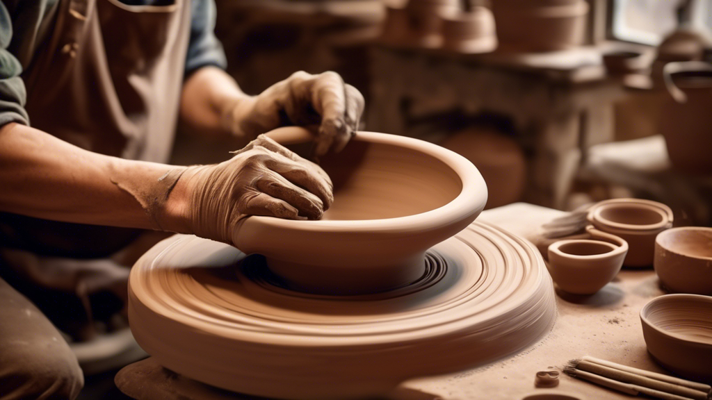 An artist's hands shaping a clay bowl on a pottery wheel with various ceramic-making tools and a kiln in the background, illustrated in a warm, rustic studio setting.