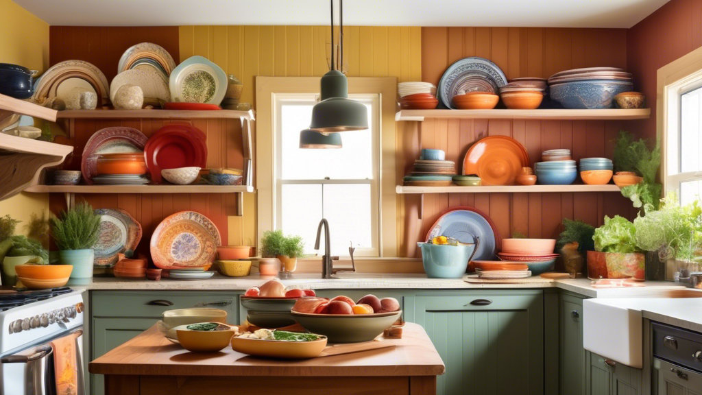 A warm and inviting kitchen filled with a variety of colorful, must-have serving dishes displayed on open shelves, including a ceramic platter, glass serving bowls, and wooden salad bowls, all ready for a family gathering.