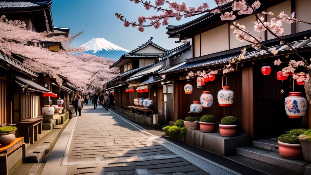 An artistic, vibrant street in Tokyo lined with quaint pottery shops showcasing traditional Japanese ceramics and contemporary designs, with Mount Fuji in the background during cherry blossom season.