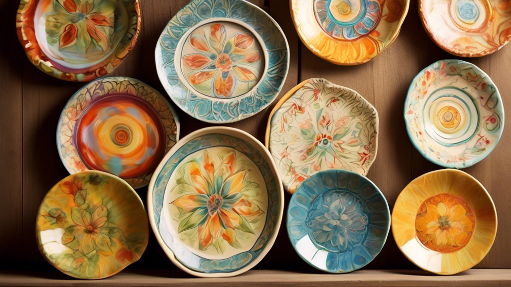 A whimsical display of beautifully hand-painted ceramic plates in a rustic kitchen setting, with soft sunlight filtering through a window, highlighting the intricate patterns and vibrant colors on each plate.