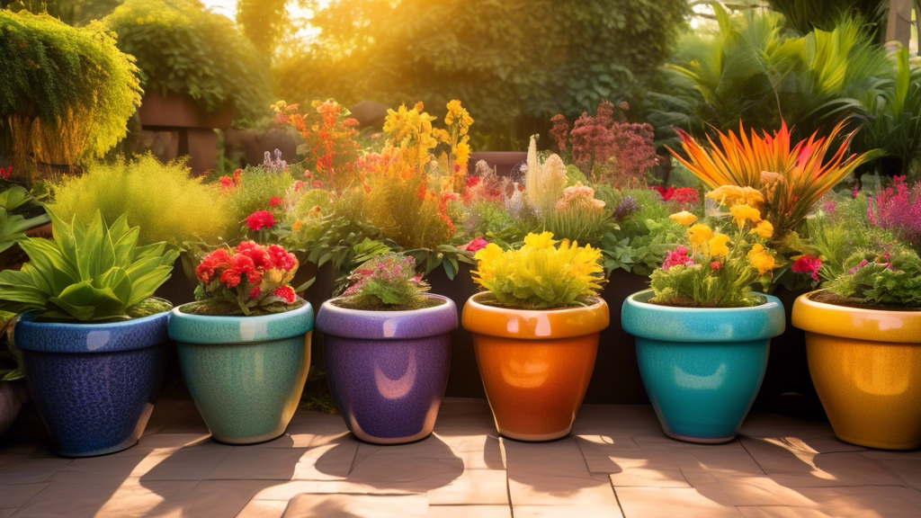 An array of vibrant ceramic colored plant pots, artistically arranged in a lush garden, showcasing a diverse spectrum of plants and flowers under a soft, golden sunlight.