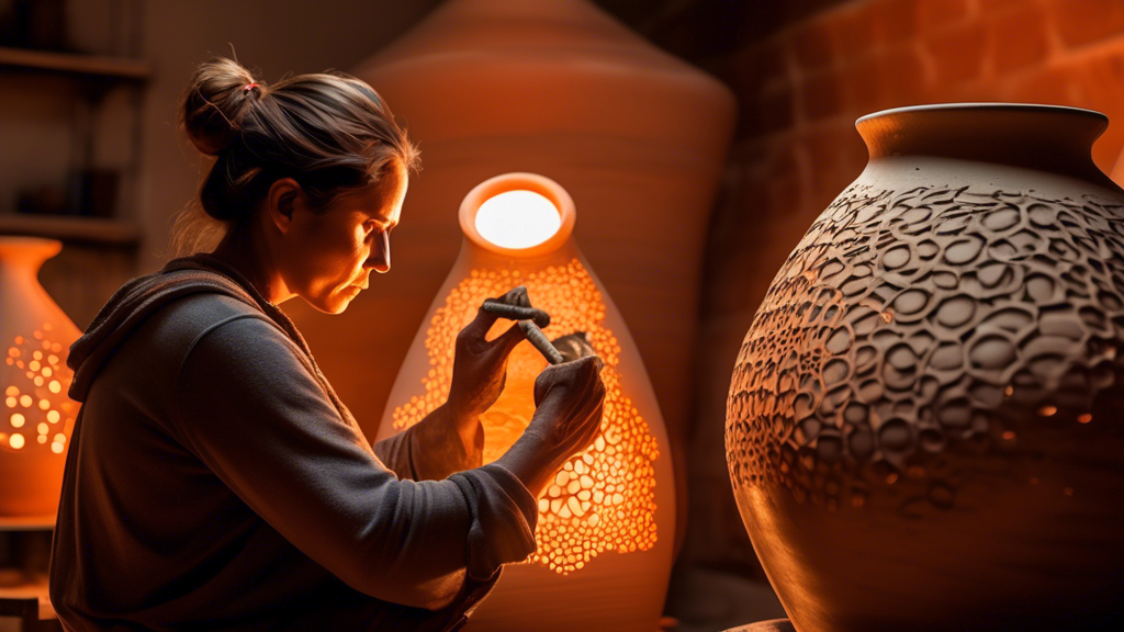 An artist intently observing a beautifully designed ceramic vase emerging from a glowing kiln, with a background of pottery wheels, clay, and tools, capturing the essence of the pottery firing process.