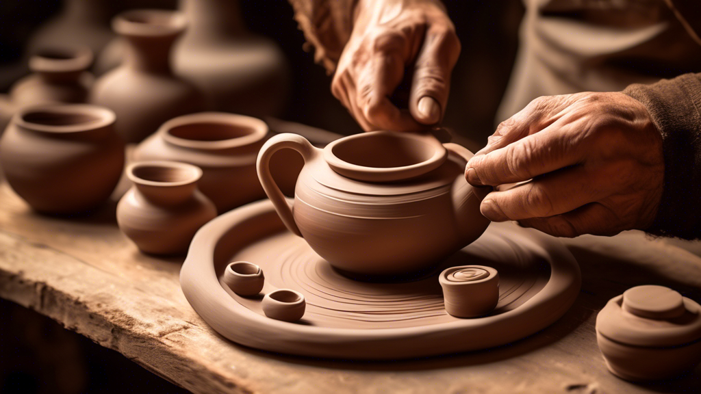 Create an image of an artisan's hands delicately shaping a clay tea set on a rustic wooden table, surrounded by tools of the pottery craft, with a warm, soft-focused background that highlights the elegance and artistry of handmade pottery.