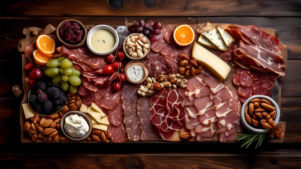 A beautifully arranged large meat platter with an assortment of cured meats, cheeses, fruits, and nuts, on a rustic wooden table, with labels identifying each component, in a dimly lit, cozy dining setting, from a top-down perspective.