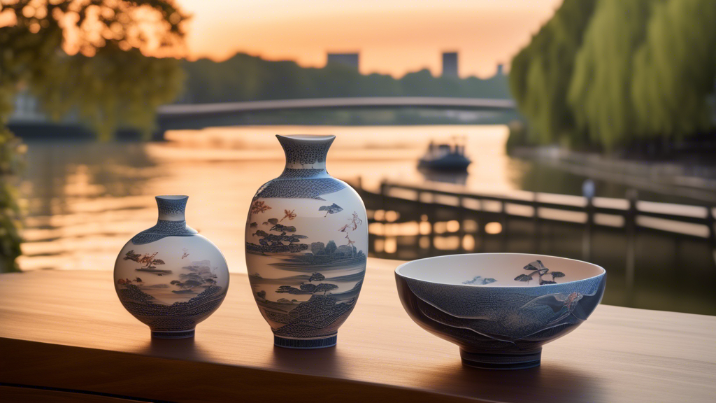 A beautiful, serene scene showcasing an exhibition of Thames ceramics that are inspired by traditional Japanese pottery and art, with intricate designs and peaceful nature elements integrated, set against the backdrop of the River Thames at sunset.