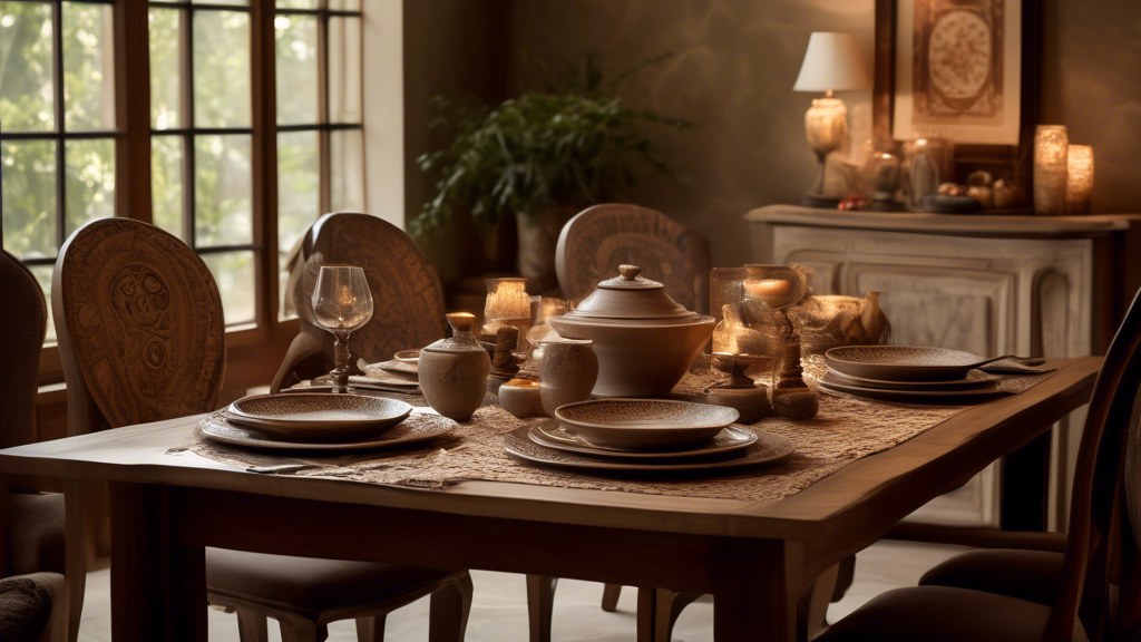 An elegantly set dinner table showcasing a collection of custom-made stoneware dinnerware with intricate patterns, nestled amidst a softly lit, rustic dining room ambiance.
