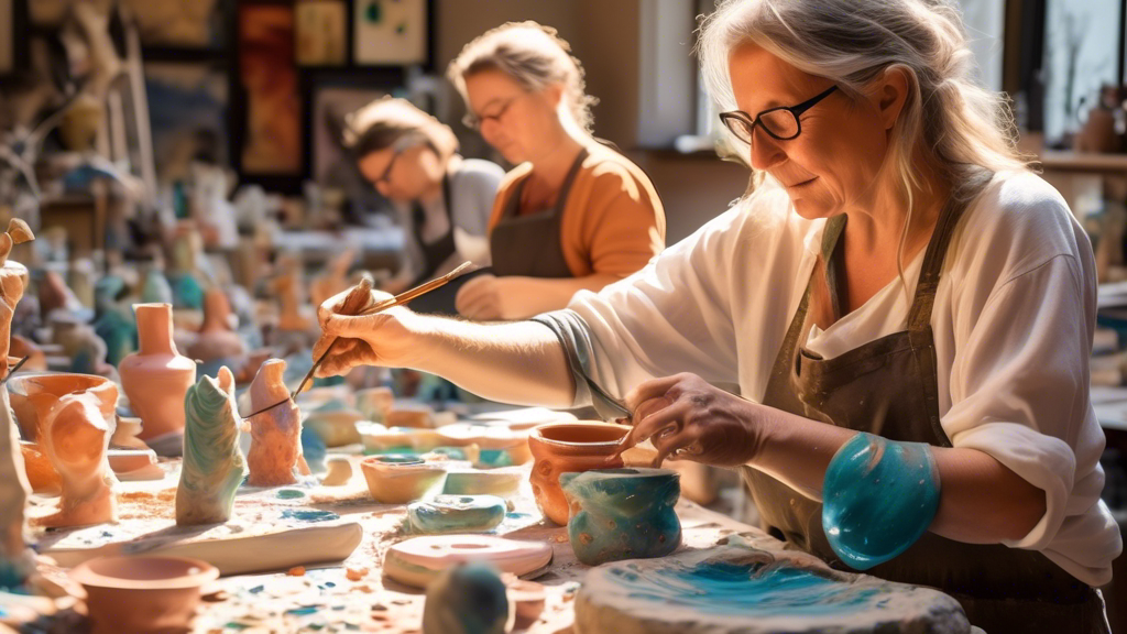 Vibrant ceramic pieces coming to life in a sunlit art studio bustling with creativity, surrounded by artists deeply engrossed in painting and sculpting, with magical sparkles floating in the air.