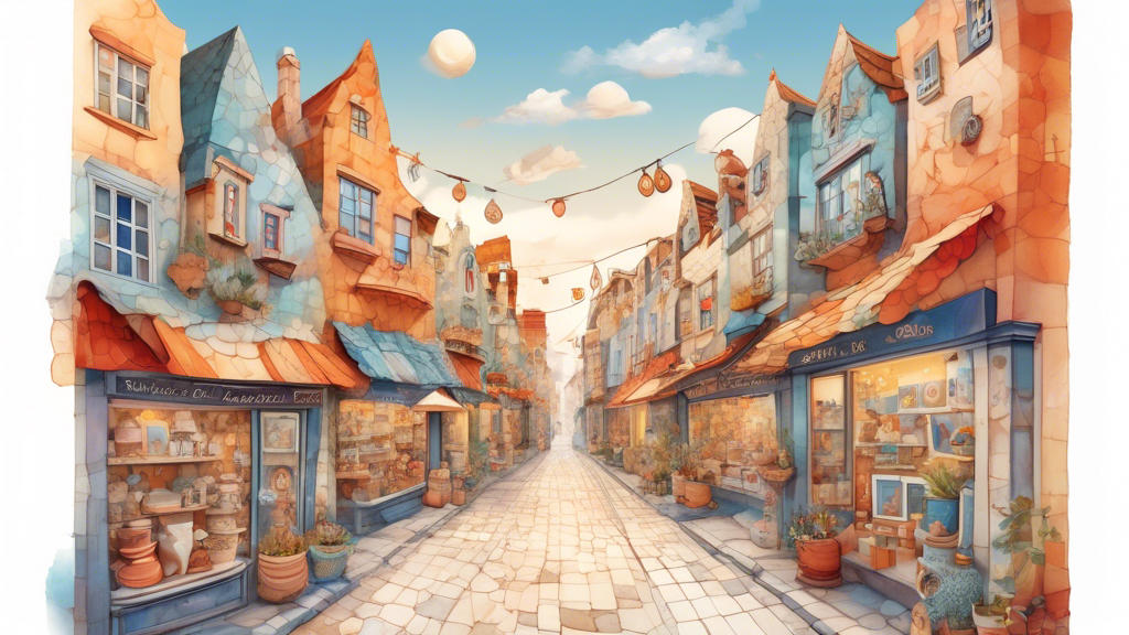 An artistic map showcasing a dotted route leading to whimsical ceramic shops nestled in a charming neighborhood, with a variety of uniquely designed pottery pieces displayed in shop windows, under a bright and welcoming sky.