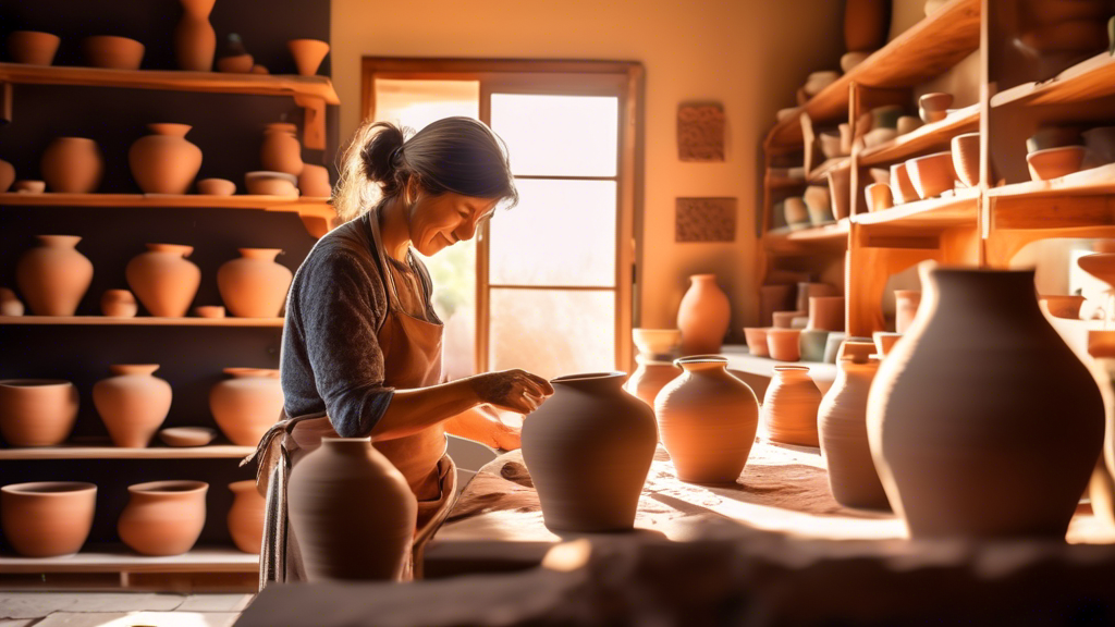 A cozy pottery studio filled with sunlight, showcasing an artist's hands shaping a beautiful, unique clay vase on a spinning wheel, with shelves of colorful, finished artisan pottery in the background.