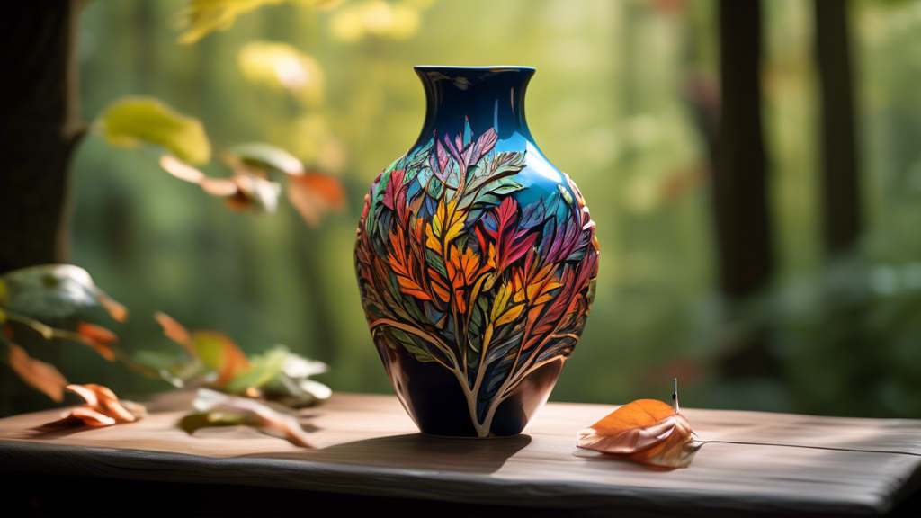 An elegant ceramic vase crafted by an artist, intricately designed with a fusion of colorful leaves and branches, against a backdrop of serene forest showcasing the harmony between art and nature.