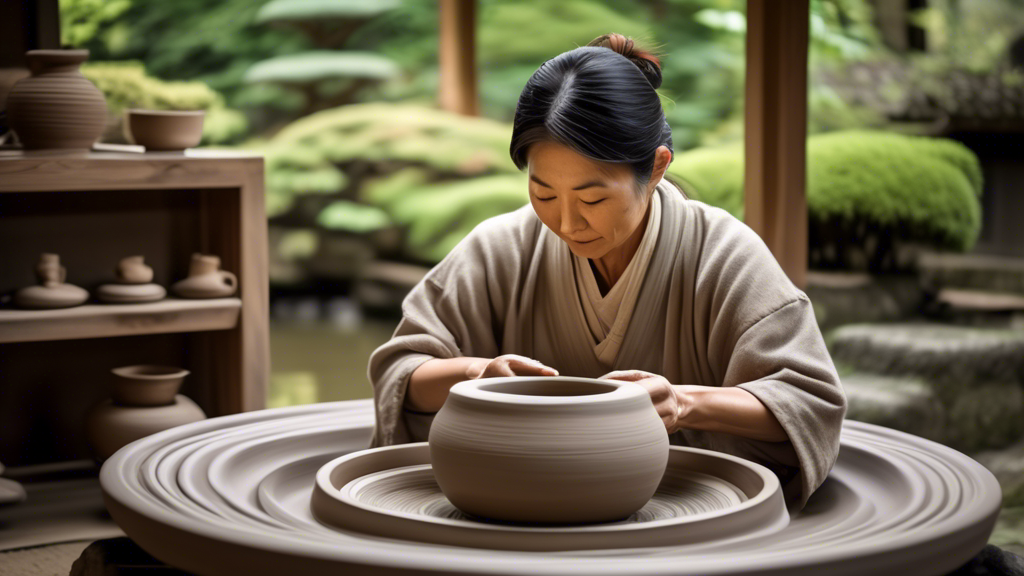 An artisan delicately shaping clay on a spinning potter's wheel with traditional Seto ceramics beautifully displayed in the background amidst a serene Japanese garden.