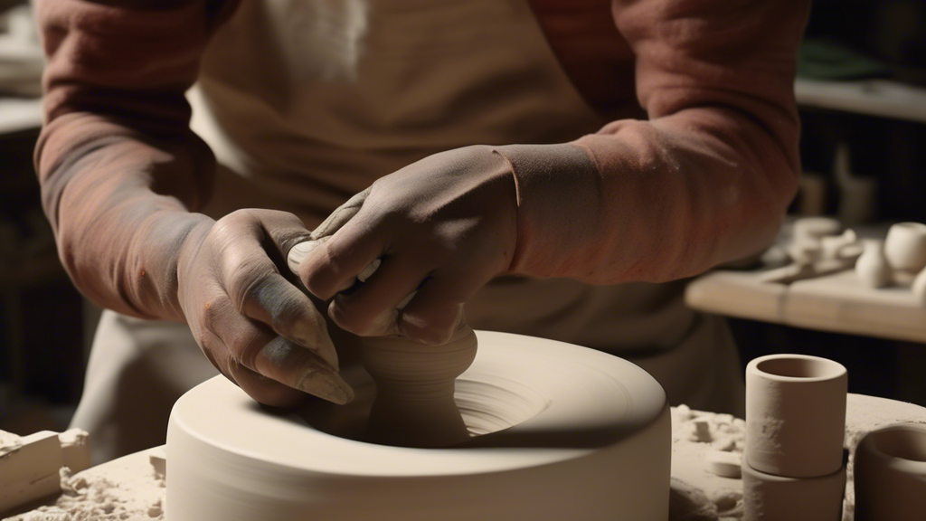 An artist delicately shaping a porcelain vase on a pottery wheel in a sunlit studio, surrounded by various pottery tools and clay, with a focus on the hands molding the form.