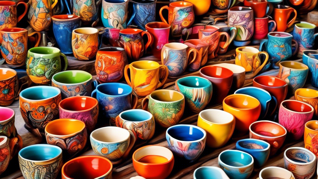 An artisan marketplace displaying a colorful array of unique handmade ceramic mugs for sale, with crafters shaping and painting their creations amidst bustling buyers, all captured in a vibrantly detailed illustration.