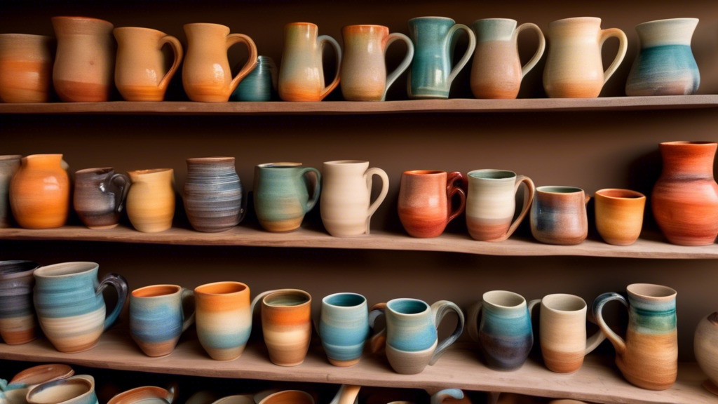 Cozy artisanal workshop filled with shelves of colorful, unique handmade pottery mugs, with a gentle sunlight filtering through the window, highlighting the craftsmanship and rustic charm of the local ceramics.