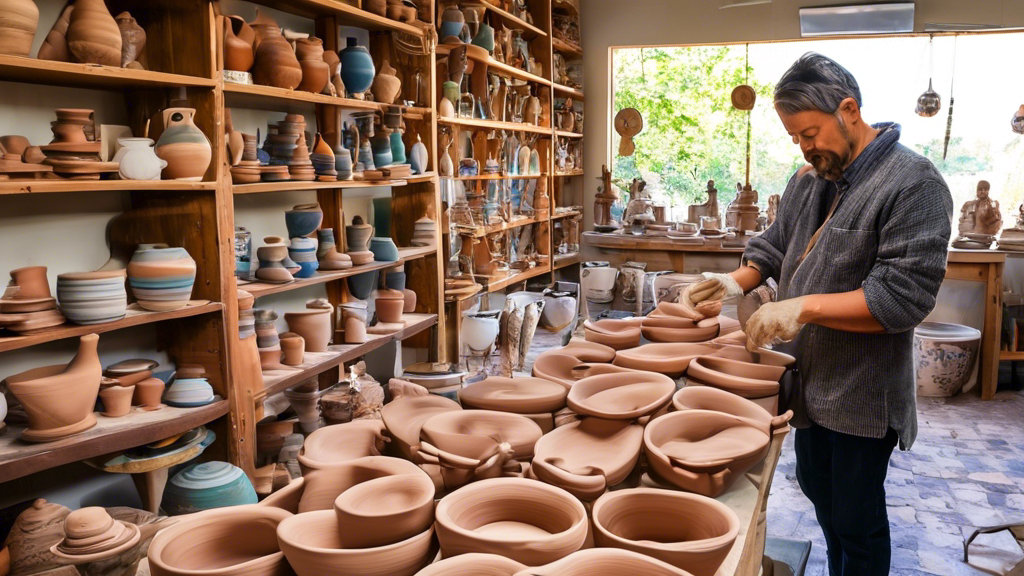 An artisan's workshop filled with unique, hand-crafted pottery pieces on a sunny day, showcasing local artists at work with clay on the wheel, vibrant ceramic glazes lining the shelves in the background.