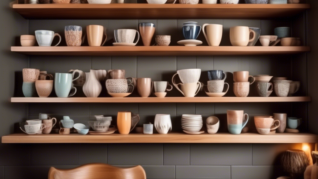 A cozy and inviting kitchen filled with aesthetically pleasing cups and mugs in various shapes, sizes, and patterns, neatly arranged on open wooden shelves with soft, warm lighting highlighting their unique designs.