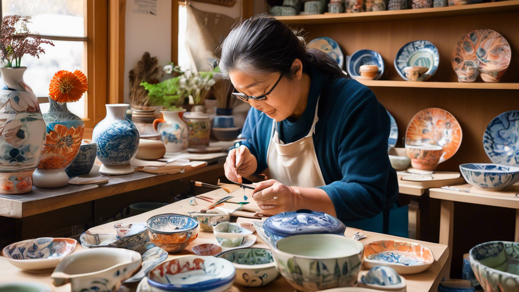 An artist delicately painting intricate Japanese-inspired designs on a piece of Thames pottery in a cozy, sunlit workshop filled with shelves of colorful ceramics.