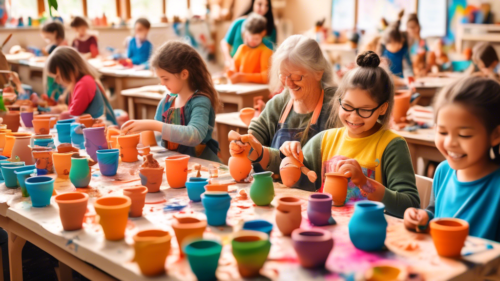 A vibrant art classroom filled with people of all ages joyfully shaping and painting clay pots and figurines on a sunny day, with colorful clay, tools, and finished artwork scattered around, showcasing creativity and learning in action.