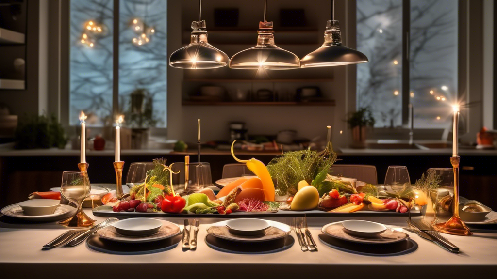 An elegant, brightly illuminated kitchen table showcasing a variety of whimsical and creatively plated dishes, each with a unique artistic presentation, in a modern cooking book style.