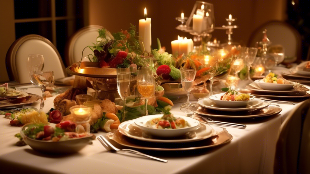 A beautifully arranged dinner table at an elegant evening event, showcasing a variety of intricate serving dishes filled with appetizing foods, each piece perfectly complementing the occasion's theme, under soft, warm lighting.