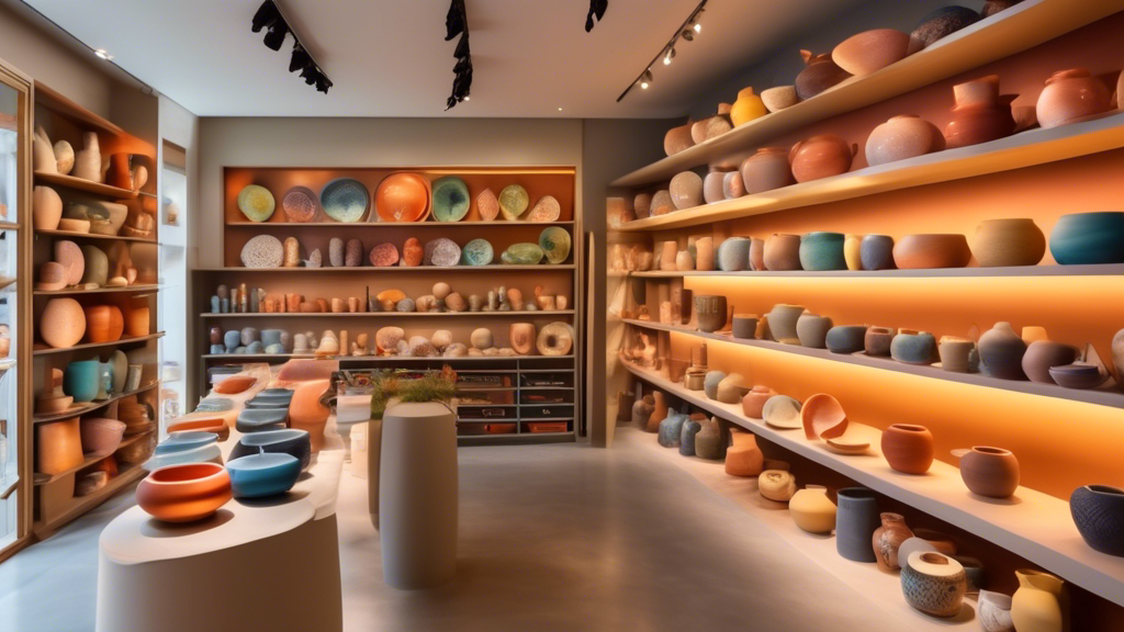 An elegant, modern ceramics shop interior filled with shelves of colorful contemporary pottery and ceramics, showcasing a variety of artistic styles under soft, warm lighting.