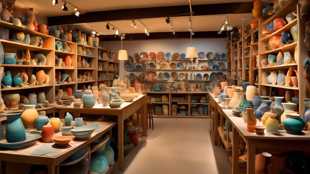 A vibrant and bustling art studio filled with American ceramic artists, each meticulously handcrafting unique pottery pieces, surrounded by shelves of colorful ceramics under soft, warm lighting.