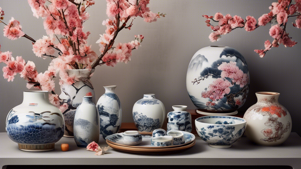 Create an intricate still life image featuring a collection of Chase Japan ceramics, including vases and plates, with a backdrop of a traditional Japanese garden in full bloom.