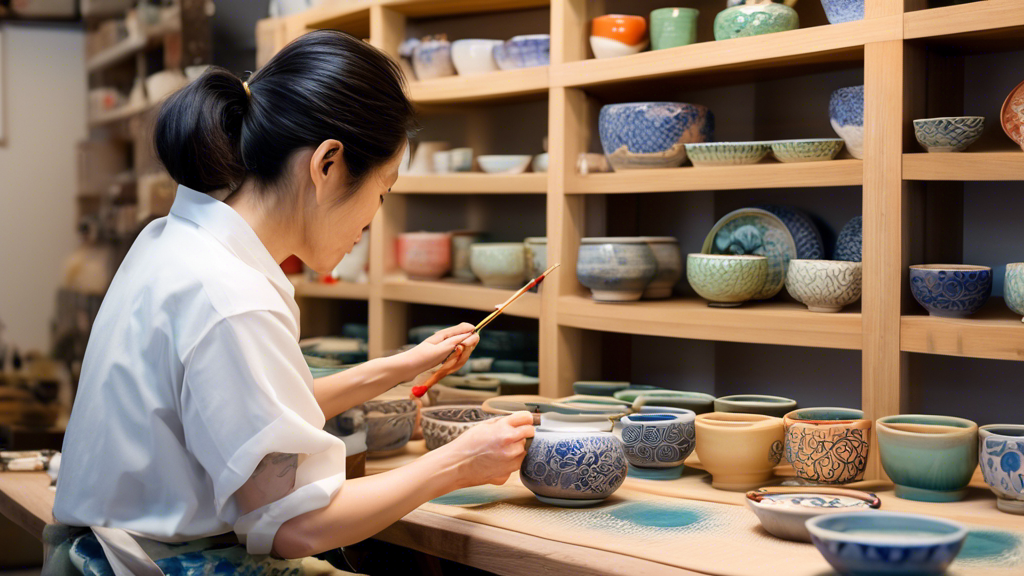 An artist delicately painting intricate patterns on a piece of traditional Japanese pottery in a serene Tokyo pottery studio, with shelves of finished colorful ceramics in the background.