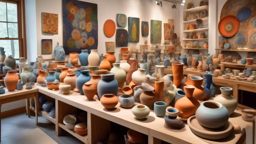 An artistic assembly of the world's top ceramic artists working together in a sunlit, sprawling studio filled with colorful clay, pottery wheels, and exquisite ceramic pieces, with a backdrop of a gallery showcasing their renowned works.