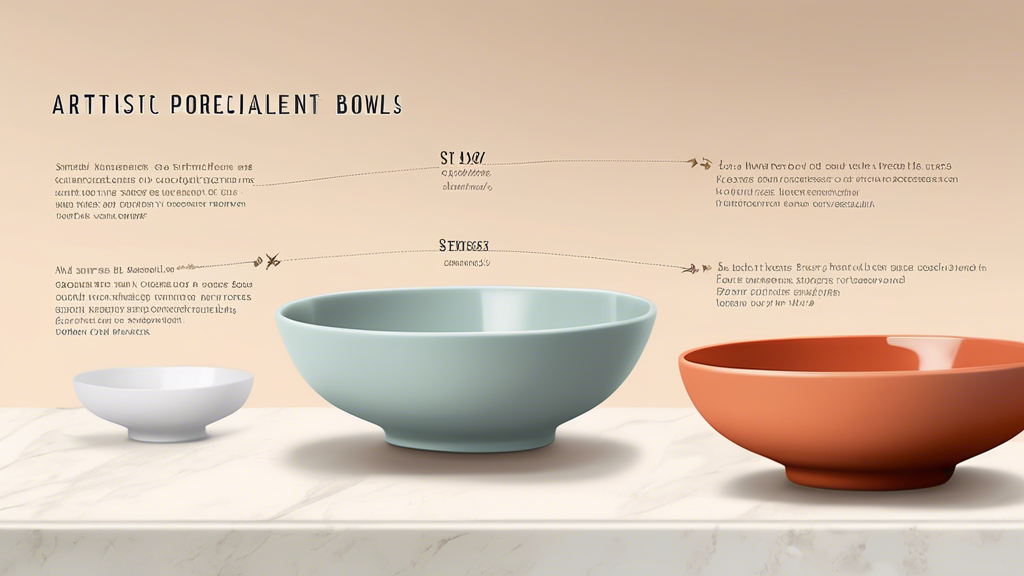 An artistic infographic comparing ceramic and porcelain bowls, highlighting their differences in material composition, strength, and usage, set against a kitchen background.