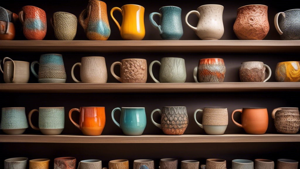 A collection of colorful, unique handmade ceramic mugs with intricate patterns and textures, displayed on a rustic wooden shelf against a soft, neutral background.