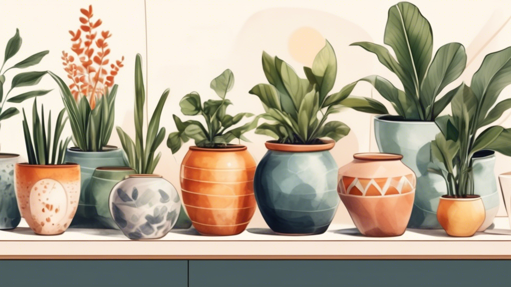 An illustrated guide showing a diverse range of ceramic pots in various designs and colors, ideal for indoor plants, against a background of a cozy, sunlit home interior.