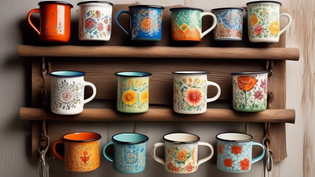 Create an image of a cozy, sunlit kitchen nook with a variety of colorful handmade enamel mugs hanging on a rustic wooden mug rack with intricate patterns, each mug showcasing unique, charming designs.