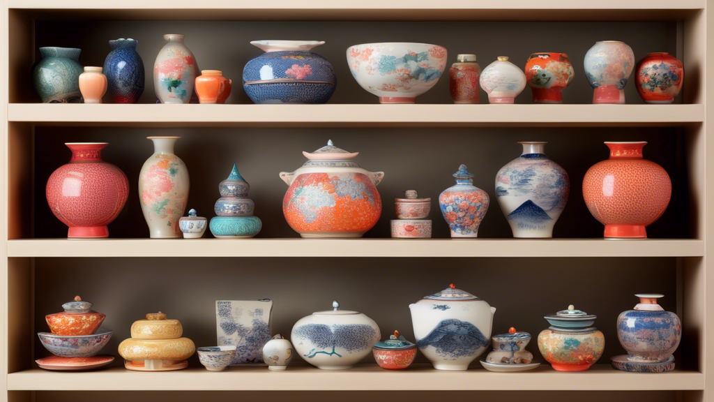 A beautifully arranged collection of traditional Japanese ceramics on a virtual shelf, showcasing an array of delicate patterns and vibrant colors, with a digital cursor hovering over to select a piece, symbolizing online shopping.