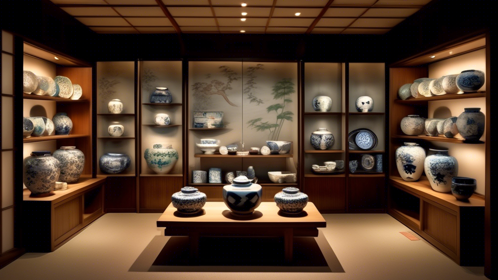 An elegantly organized, virtual storefront showcasing an array of traditional Japanese ceramics, each piece exquisitely detailed and illuminated by soft, ambient lighting.