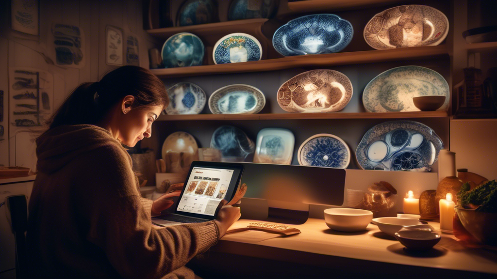 An artistic composition of a person sitting in front of a computer, browsing through a digital collection of beautifully crafted ceramic dishes, with visible online reviews and ratings glowing on the screen, set in a cozy home kitchen environment.