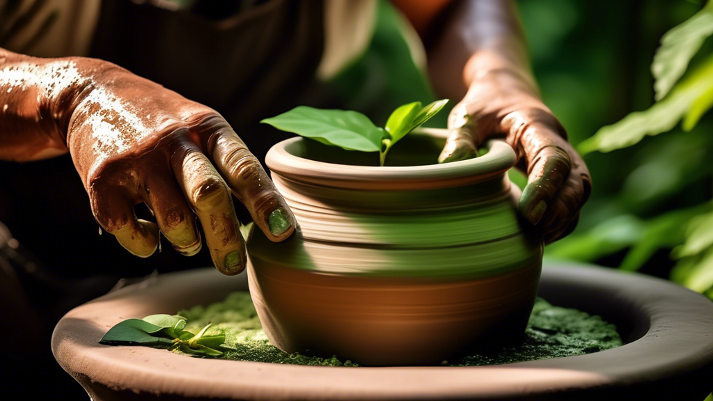 An artisan's hands shaping a wet clay pot on a pottery wheel surrounded by green foliage and sunlight filtering through, symbolizing the eco-friendly process of creating green ceramics.