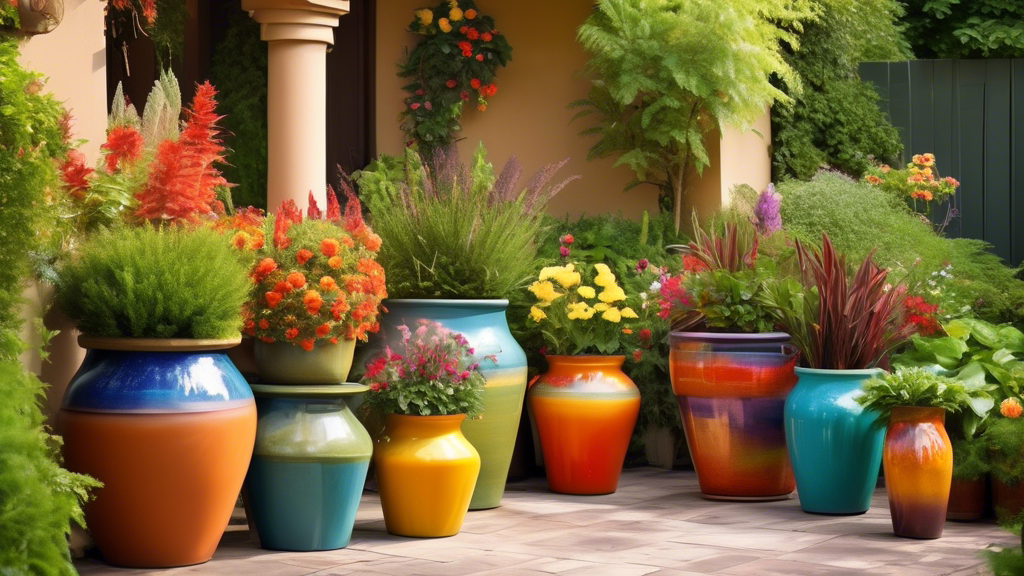 A vibrant, sunlit patio adorned with an eclectic collection of large, colorful ceramic outdoor plant pots, each brimming with lush, diverse foliage and flowers, set against a backdrop of a serene garden.