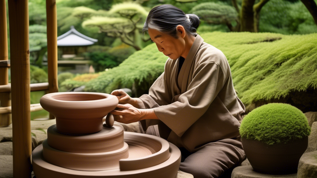 An artisan shaping clay on a traditional pottery wheel surrounded by the lush landscape of Iga, with various stunning examples of Iga pottery, characterized by their earthy tones and natural textures, displayed around in a serene Japanese garden setting.