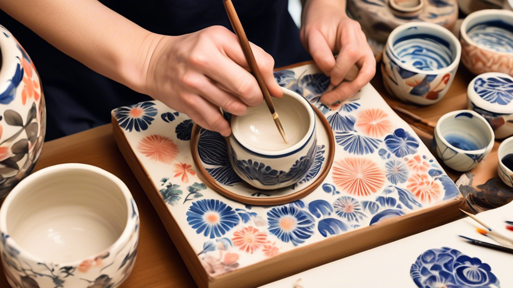 Create a detailed and colorful digital artwork of an artist meticulously hand-painting delicate flower patterns on traditional Hasami Yaki pottery in a serene, sunlit Japanese pottery workshop.