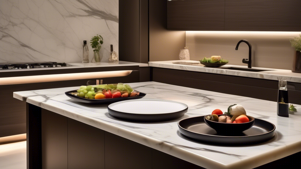 A sleek, modern kitchen with a series of elegant, multifunctional serving platters arranged stylishly on a marble countertop, showcasing a fusion of sophisticated style and practicality, with soft, ambient lighting highlighting the textures and materials.