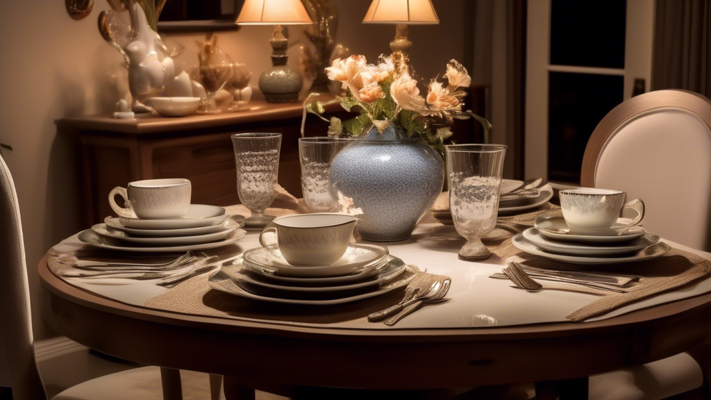 An elegant dinner table set up with various styles of dinner sets on display, highlighting porcelain, glass, and stoneware options, with soft lighting and a cozy, inviting home background.