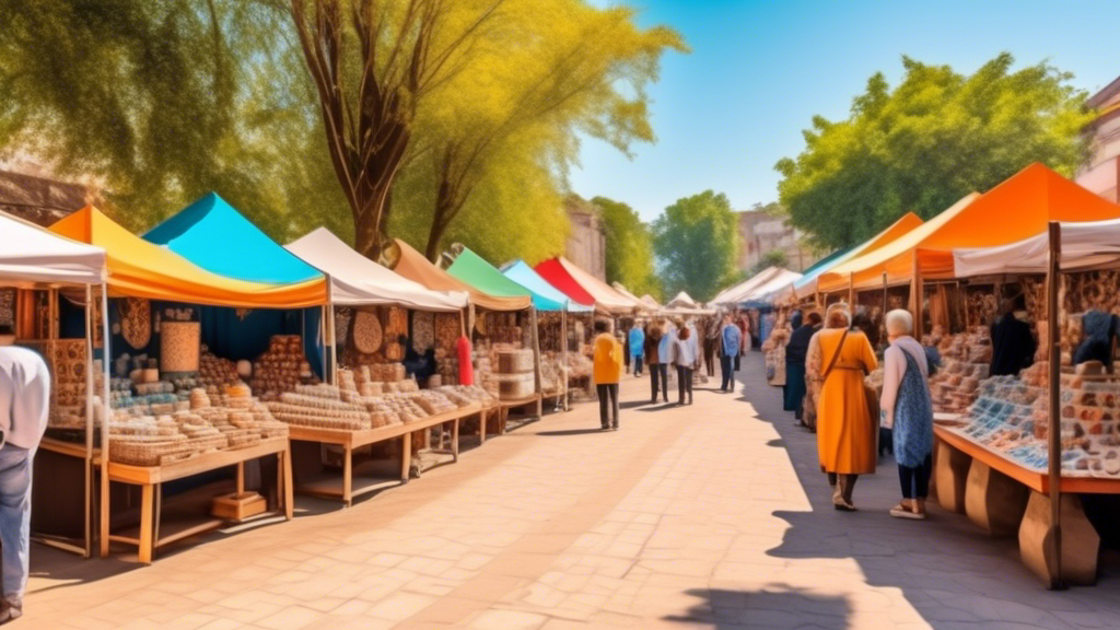 Colorful artisan market filled with stalls displaying an array of beautifully crafted handmade ceramic products, under a bright sky.