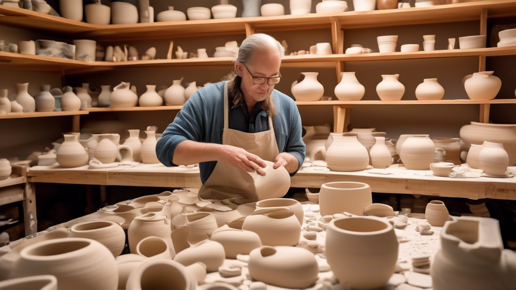 An artist carefully placing pottery into a kiln for bisque firing, in a cozy, well-lit pottery studio, surrounded by an array of unfinished pottery pieces, with an educational guidebook on bisque firing visible in the foreground.
