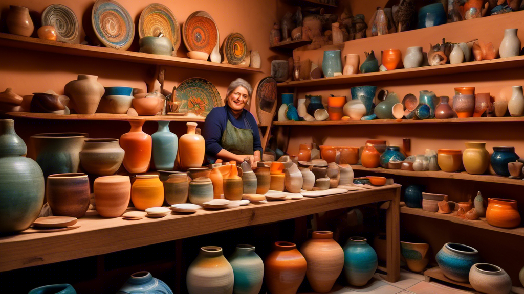A cozy local ceramic shop filled with colorful, handcrafted pottery and artisanal creations, lit by warm, inviting light.