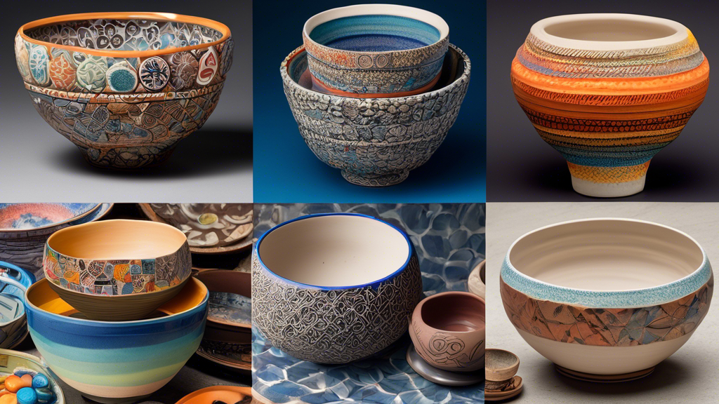A collage of diverse and intricate ceramic bowls crafted by various artists, showcasing a spectrum of designs, patterns, and colors, set against a backdrop of an artist's studio filled with pottery wheels and clay materials.